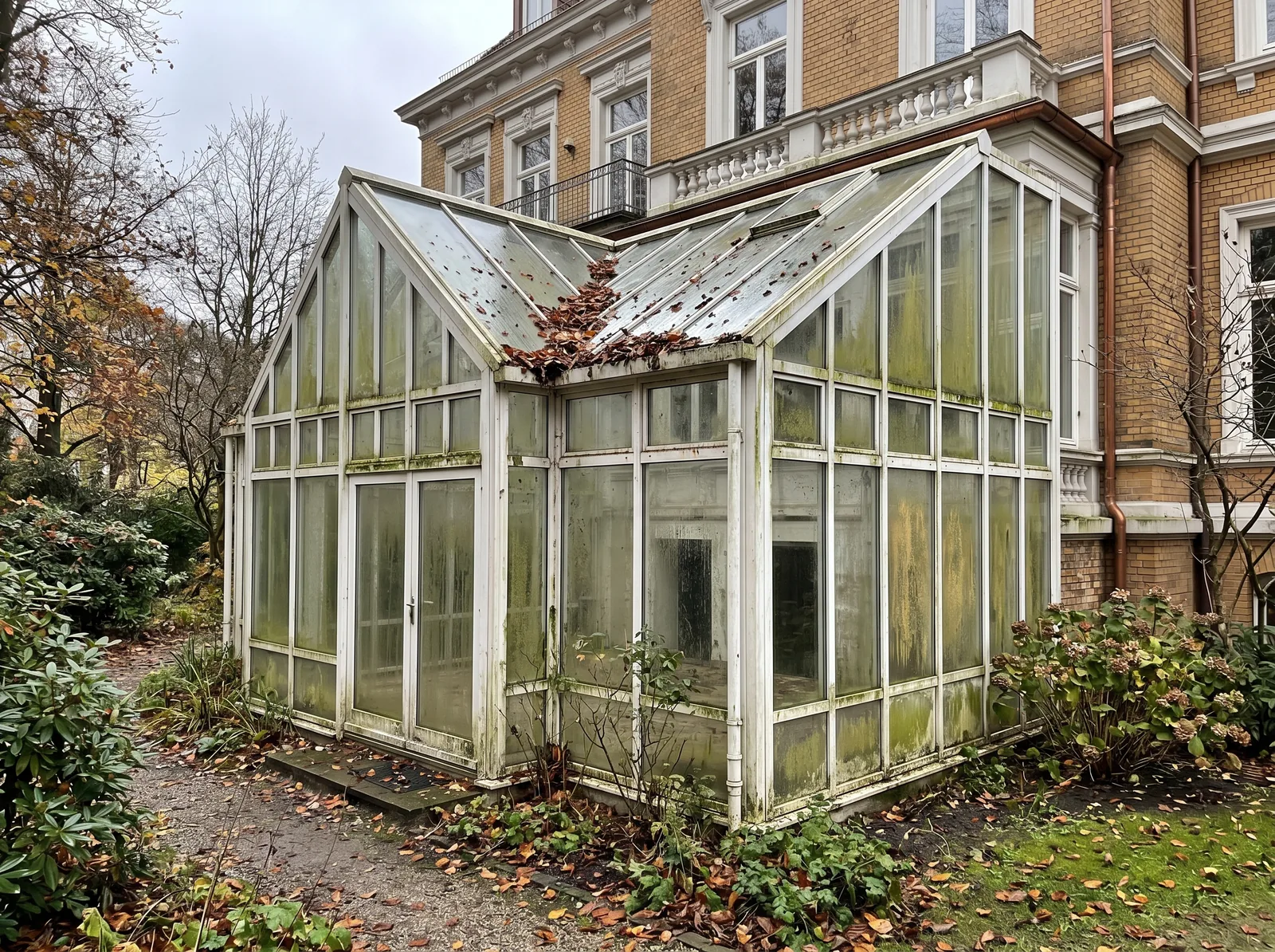 Wintergarten einer Villa in Harvestehude mit Algenbefall