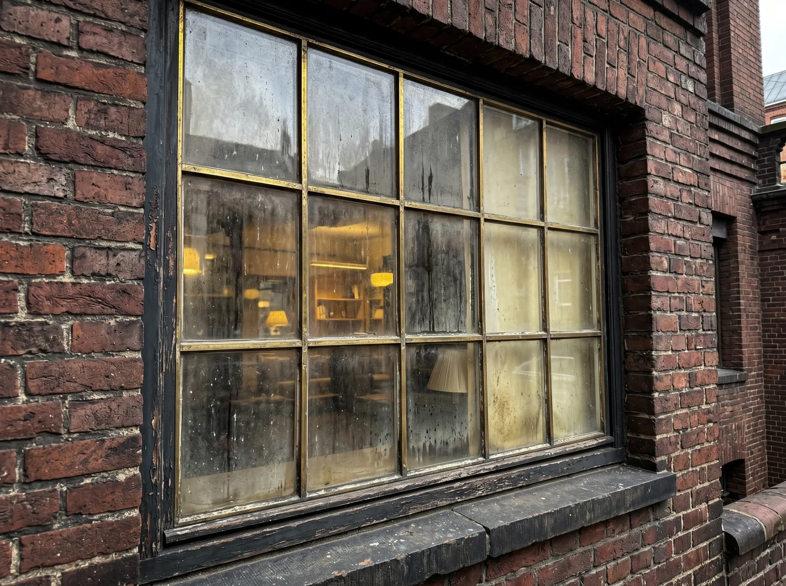 Sprossenfenster eines Hamburger Kanzleialtbaus mit vergilbtem Glas